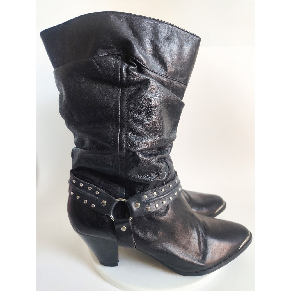 Dingo Boots 9 Slouchy Black Leather Studded Harness Western Biker DI 650 Emma